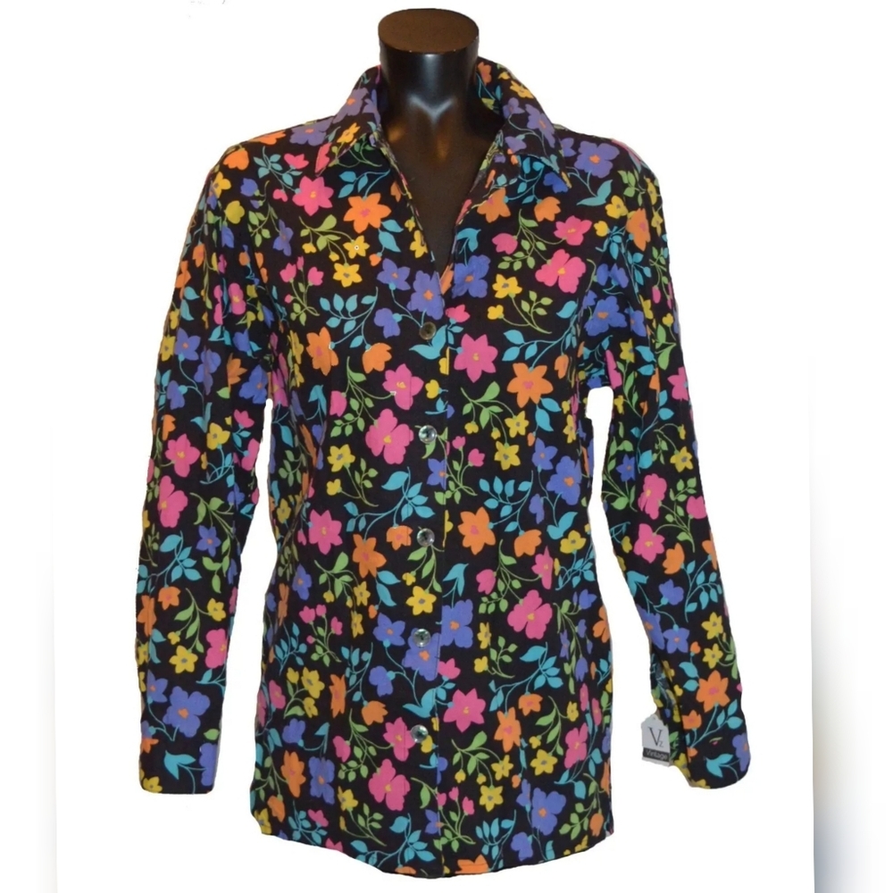 Manor House Vintage 80s 90s Multi-Colored Day Glo Floral Button Down Shirt sz M